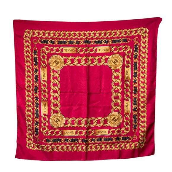 CHANEL Coco Mark Logo Red Chain Pattern Silk Scarf/Stole W/Box - Picture 16 of 16
